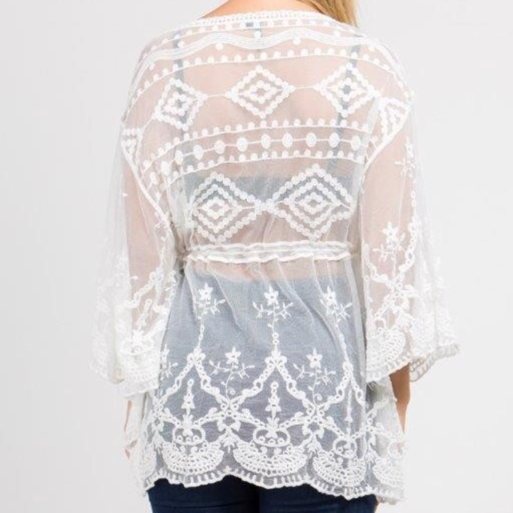 SOLD OUT CLEARANCE Scalloped Embroidered Sheer Lace Boho Coverup Top - Picture 4 of 5